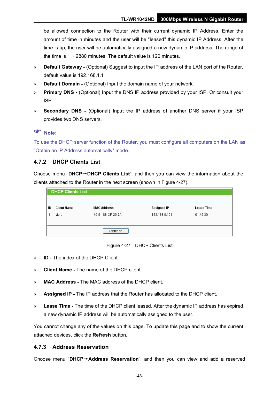 TP-Link TL-WR1042ND manual Dhcp Clients List, Address Reservation 