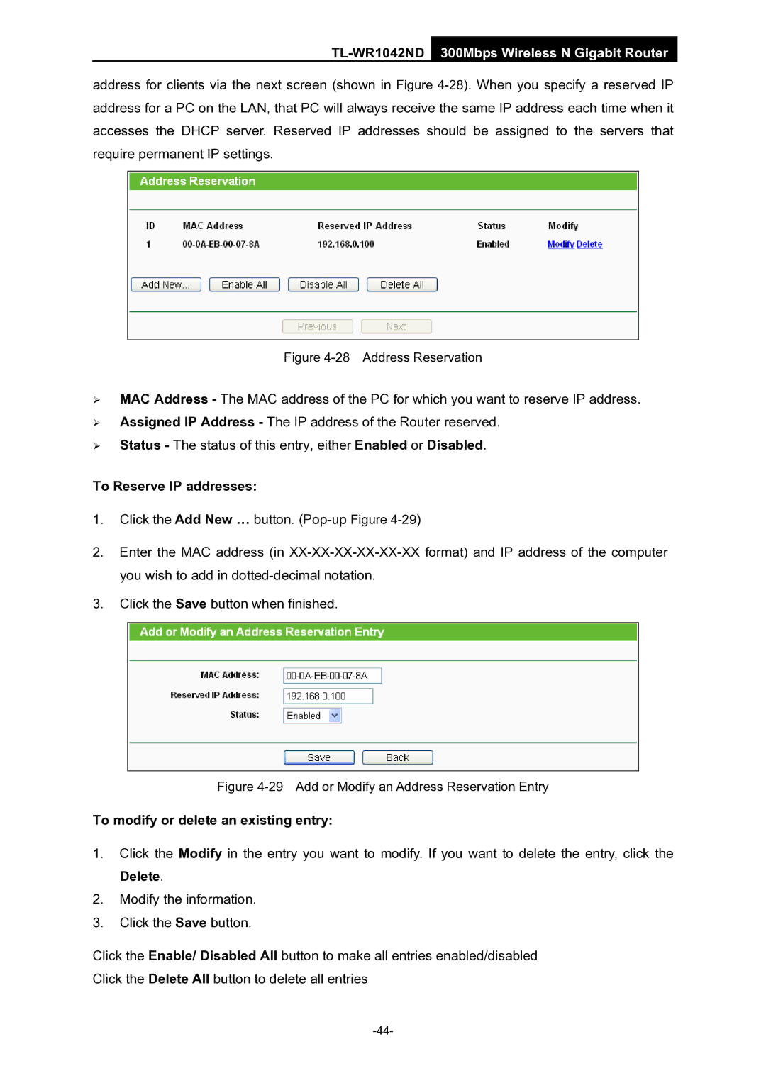 TP-Link TL-WR1042ND manual To Reserve IP addresses, Address Reservation 