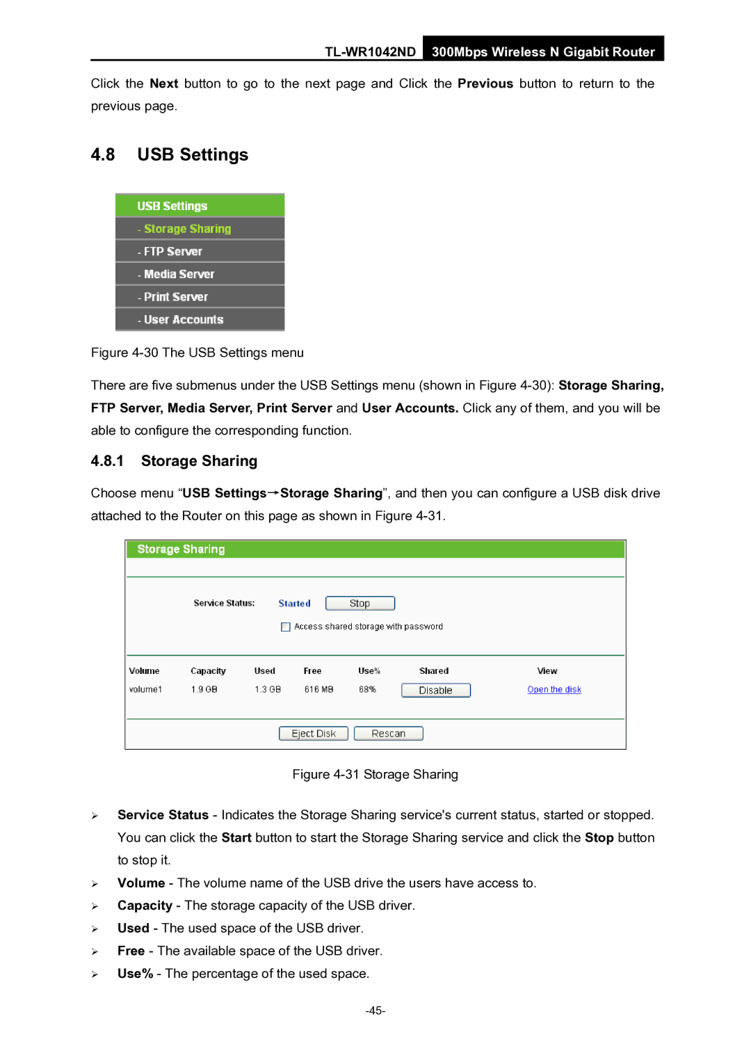 TP-Link TL-WR1042ND manual USB Settings, Storage Sharing 