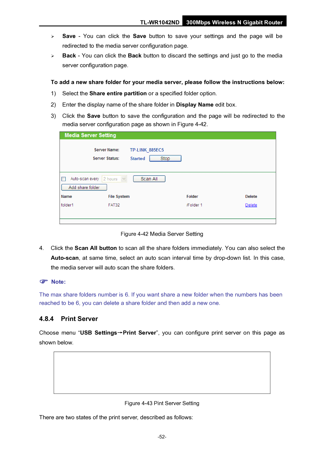 TP-Link TL-WR1042ND manual Print Server, Pint Server Setting 