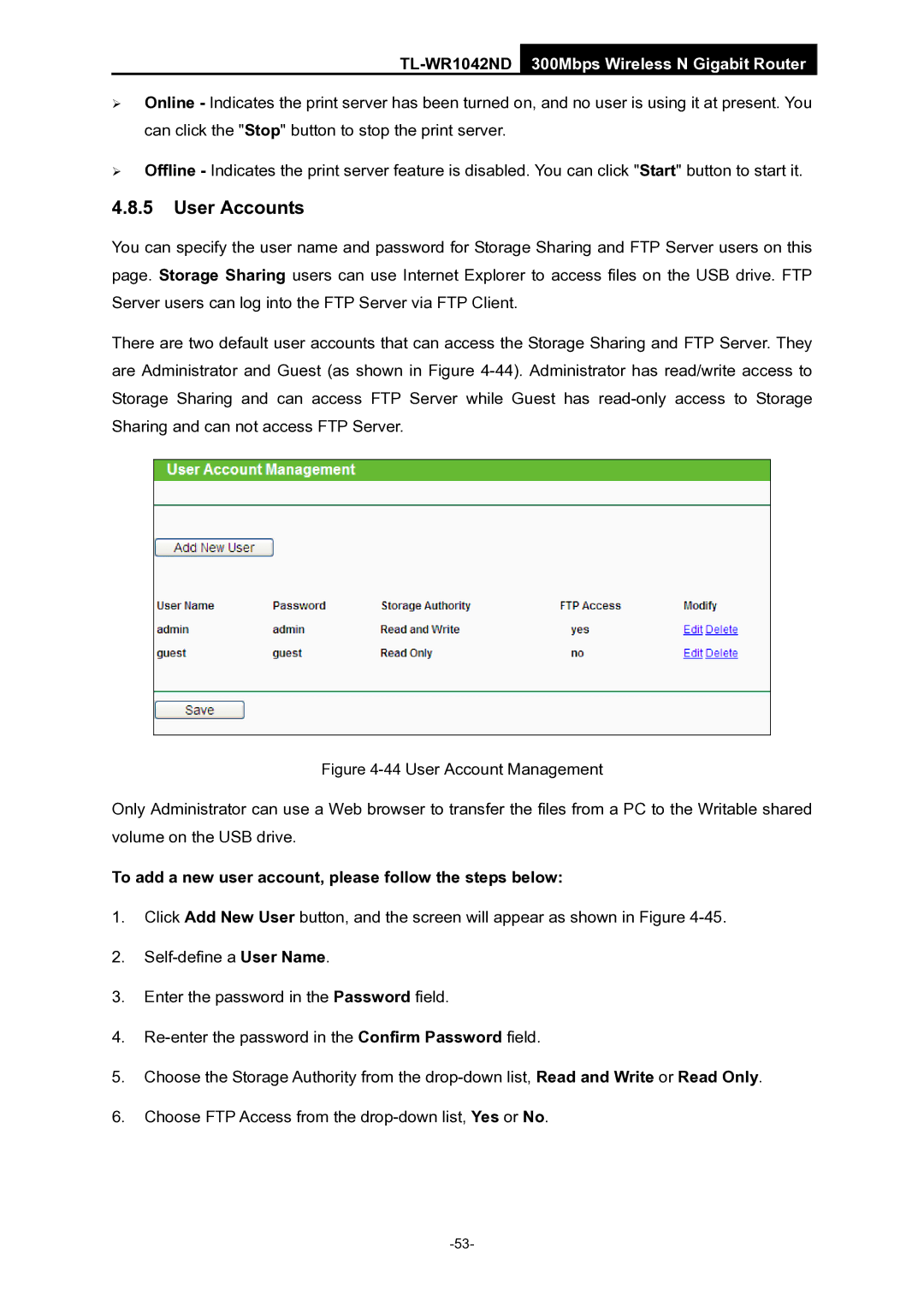 TP-Link TL-WR1042ND manual User Accounts, To add a new user account, please follow the steps below 