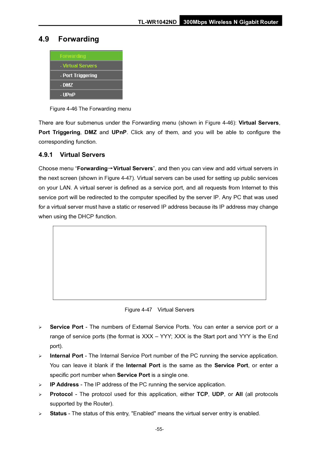 TP-Link TL-WR1042ND manual Forwarding, Virtual Servers 