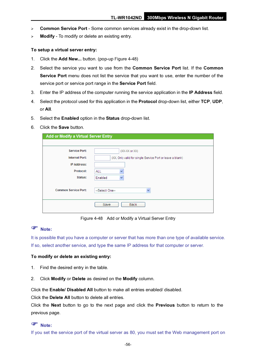 TP-Link TL-WR1042ND manual To setup a virtual server entry, Add or Modify a Virtual Server Entry 