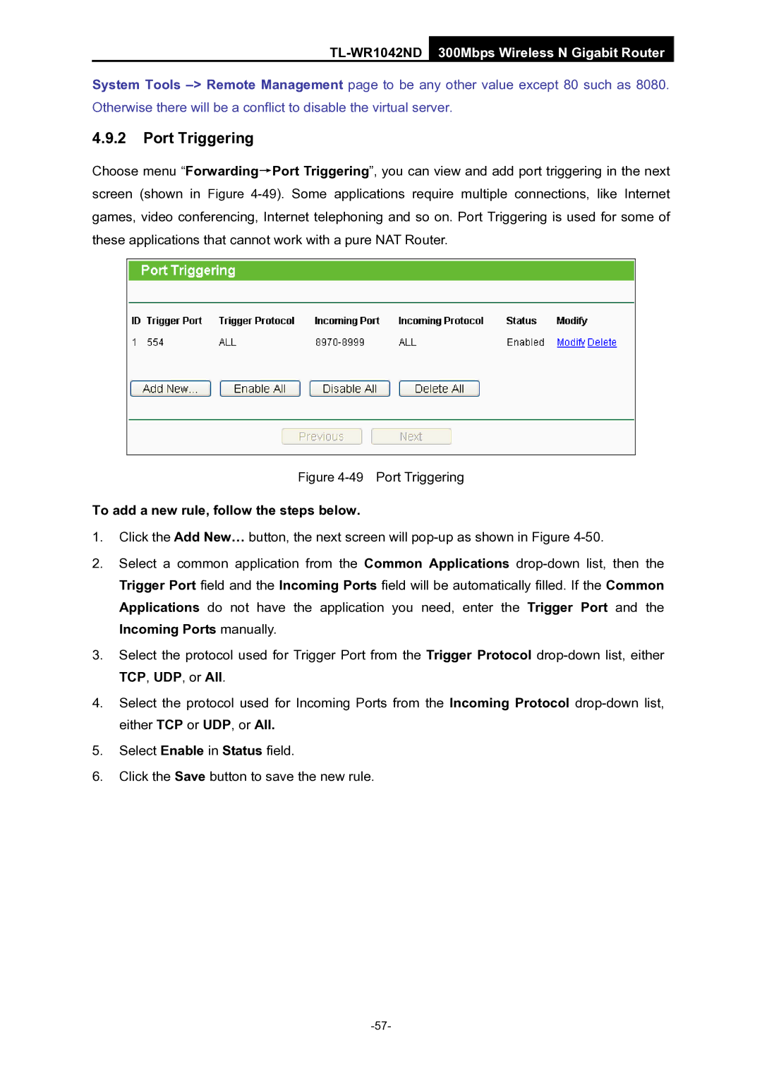 TP-Link TL-WR1042ND manual Port Triggering, To add a new rule, follow the steps below 