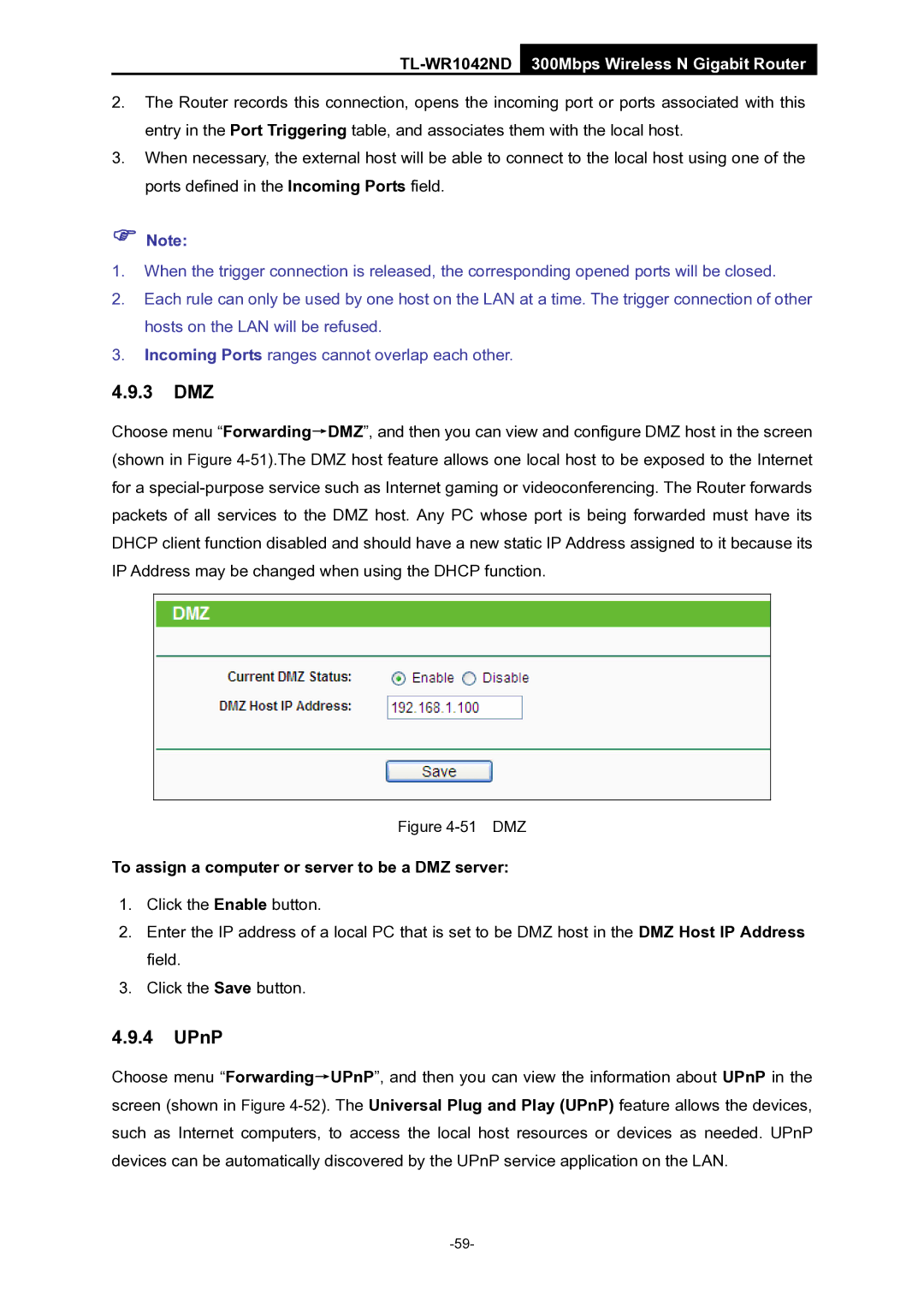 TP-Link TL-WR1042ND manual 3 DMZ, UPnP, To assign a computer or server to be a DMZ server 