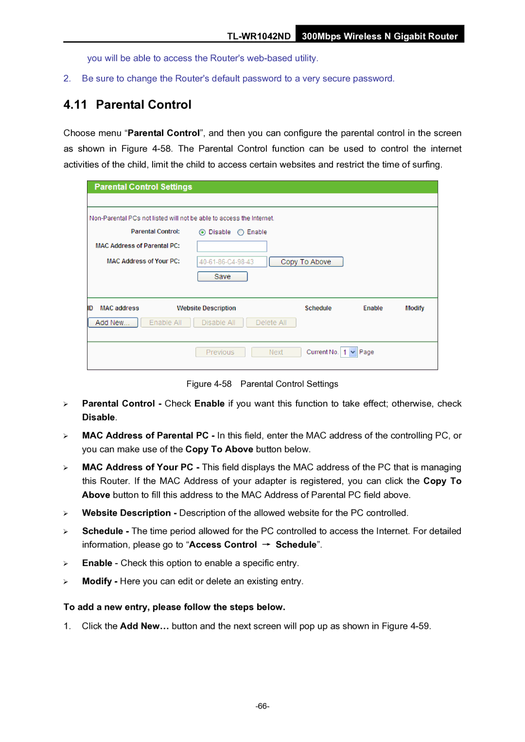 TP-Link TL-WR1042ND manual Parental Control, To add a new entry, please follow the steps below 