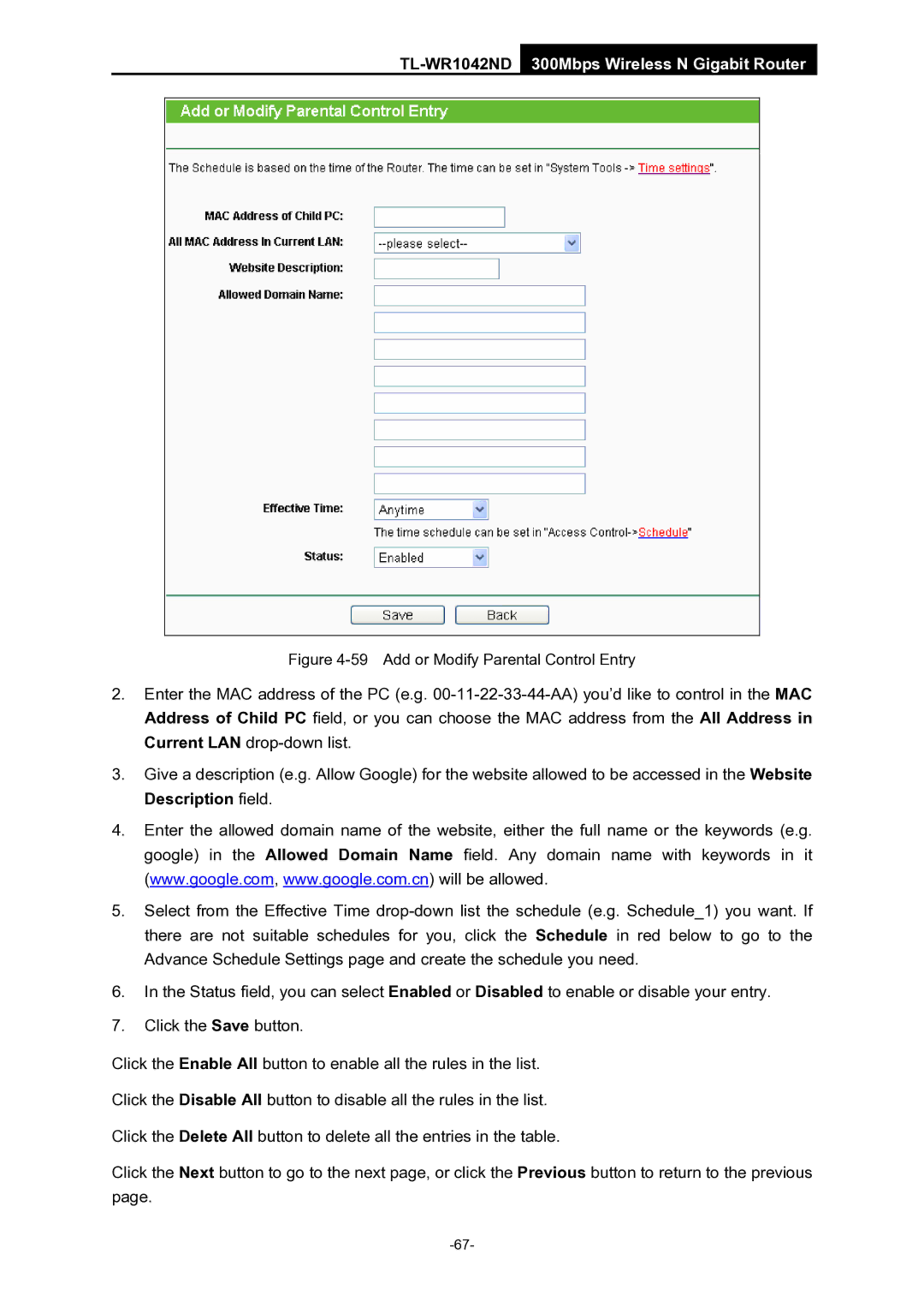 TP-Link TL-WR1042ND manual Add or Modify Parental Control Entry 