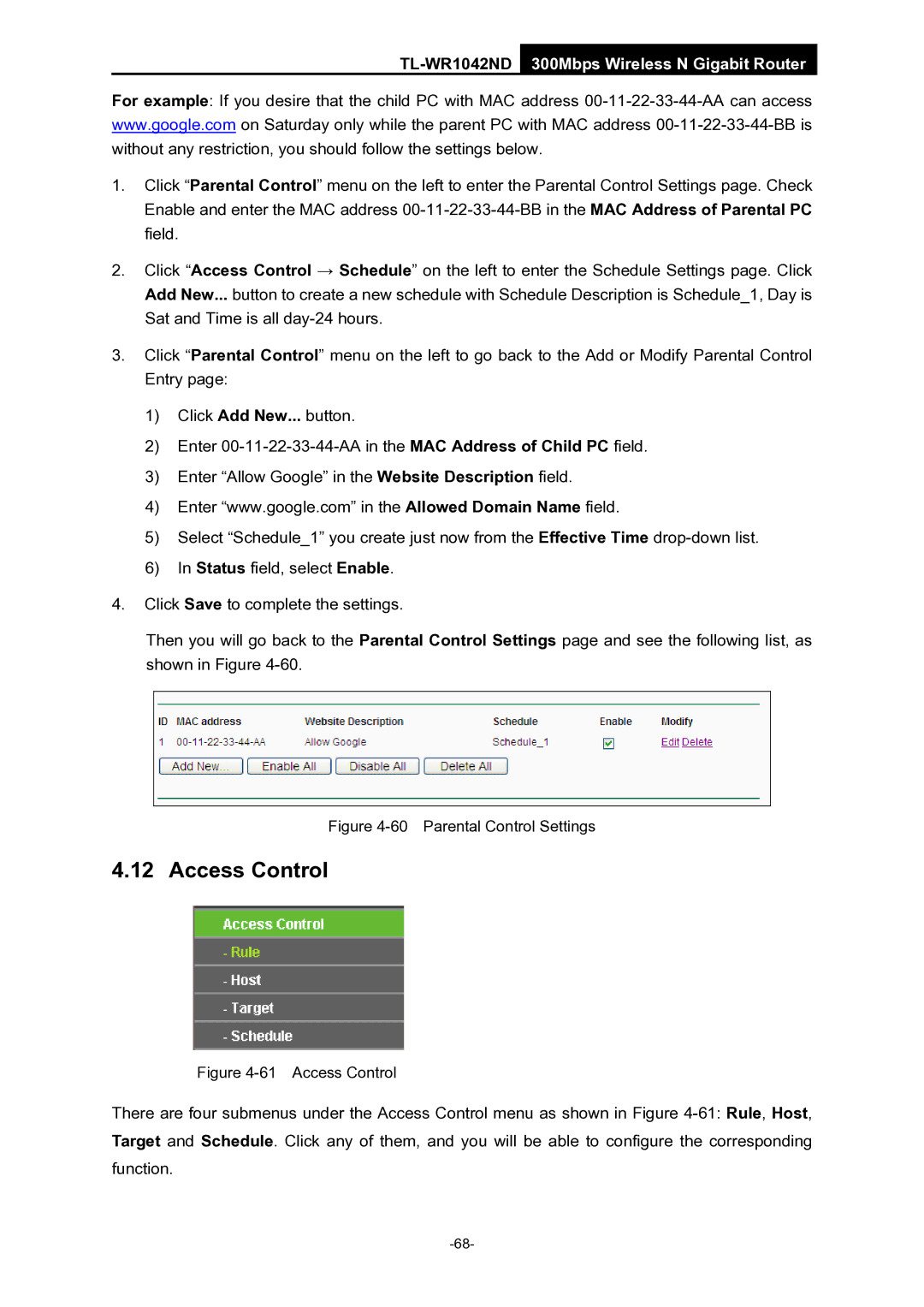 TP-Link TL-WR1042ND manual Access Control, Parental Control Settings 