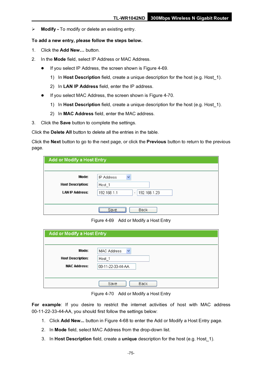 TP-Link TL-WR1042ND manual Add or Modify a Host Entry 