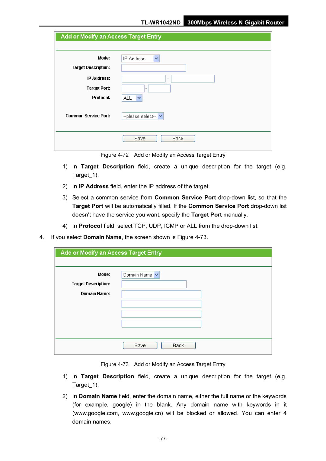 TP-Link TL-WR1042ND manual Add or Modify an Access Target Entry 