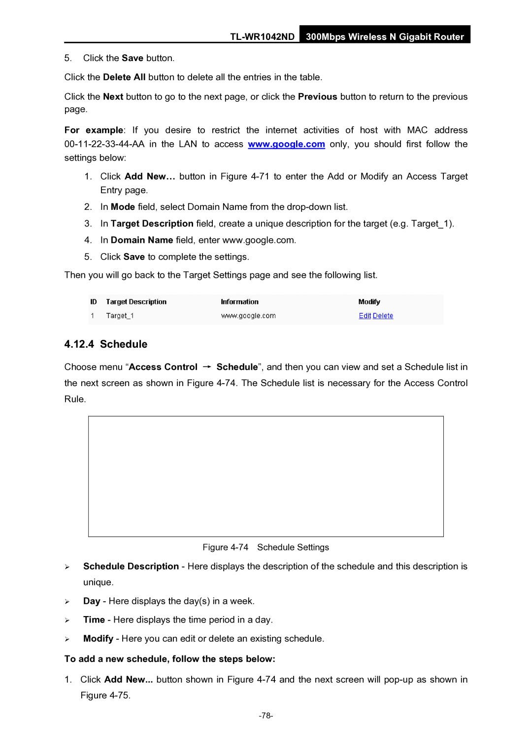 TP-Link TL-WR1042ND manual Schedule, To add a new schedule, follow the steps below 