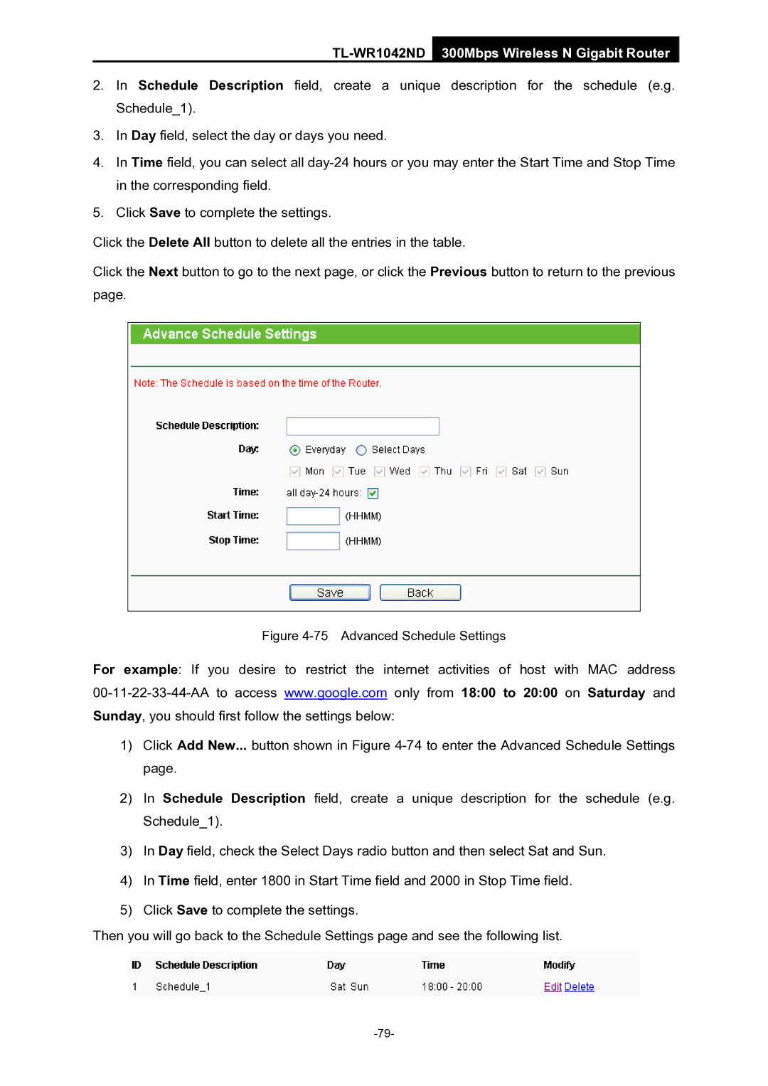 TP-Link TL-WR1042ND manual Advanced Schedule Settings 