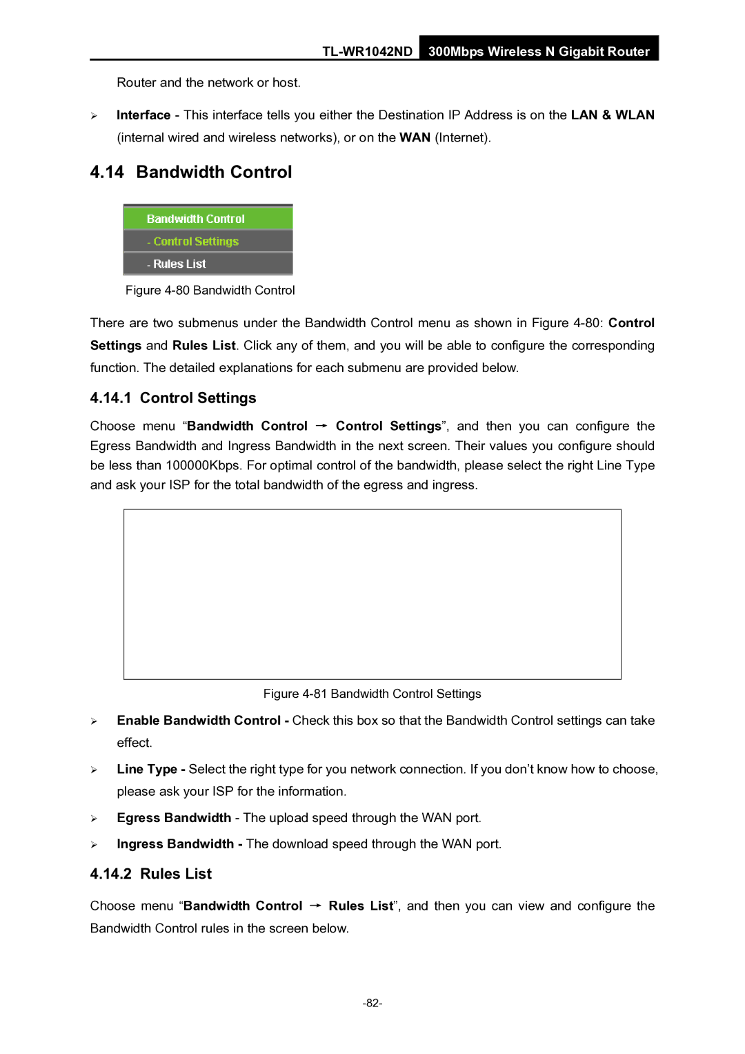 TP-Link TL-WR1042ND manual Bandwidth Control, Control Settings, Rules List 