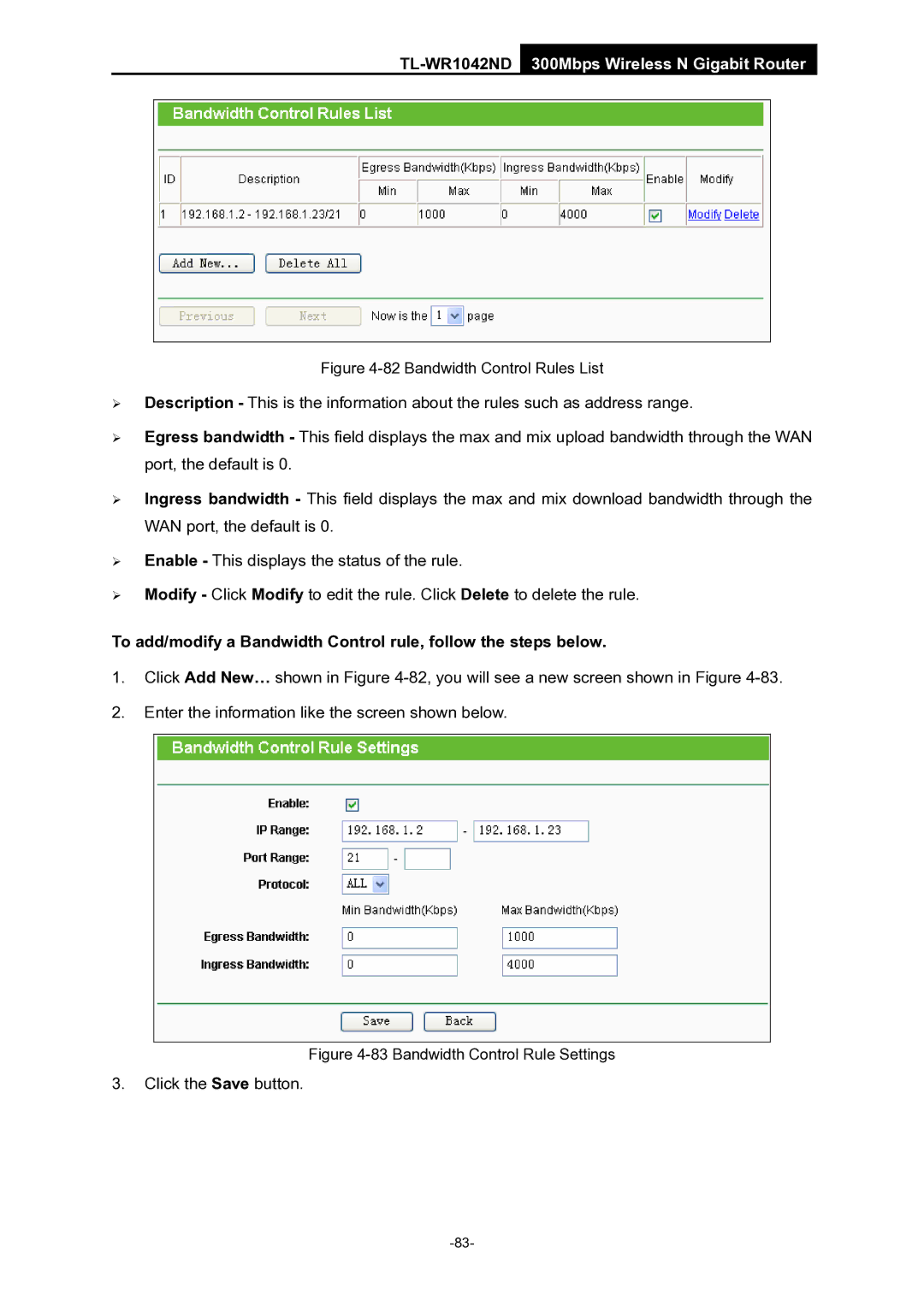 TP-Link TL-WR1042ND manual Bandwidth Control Rules List 