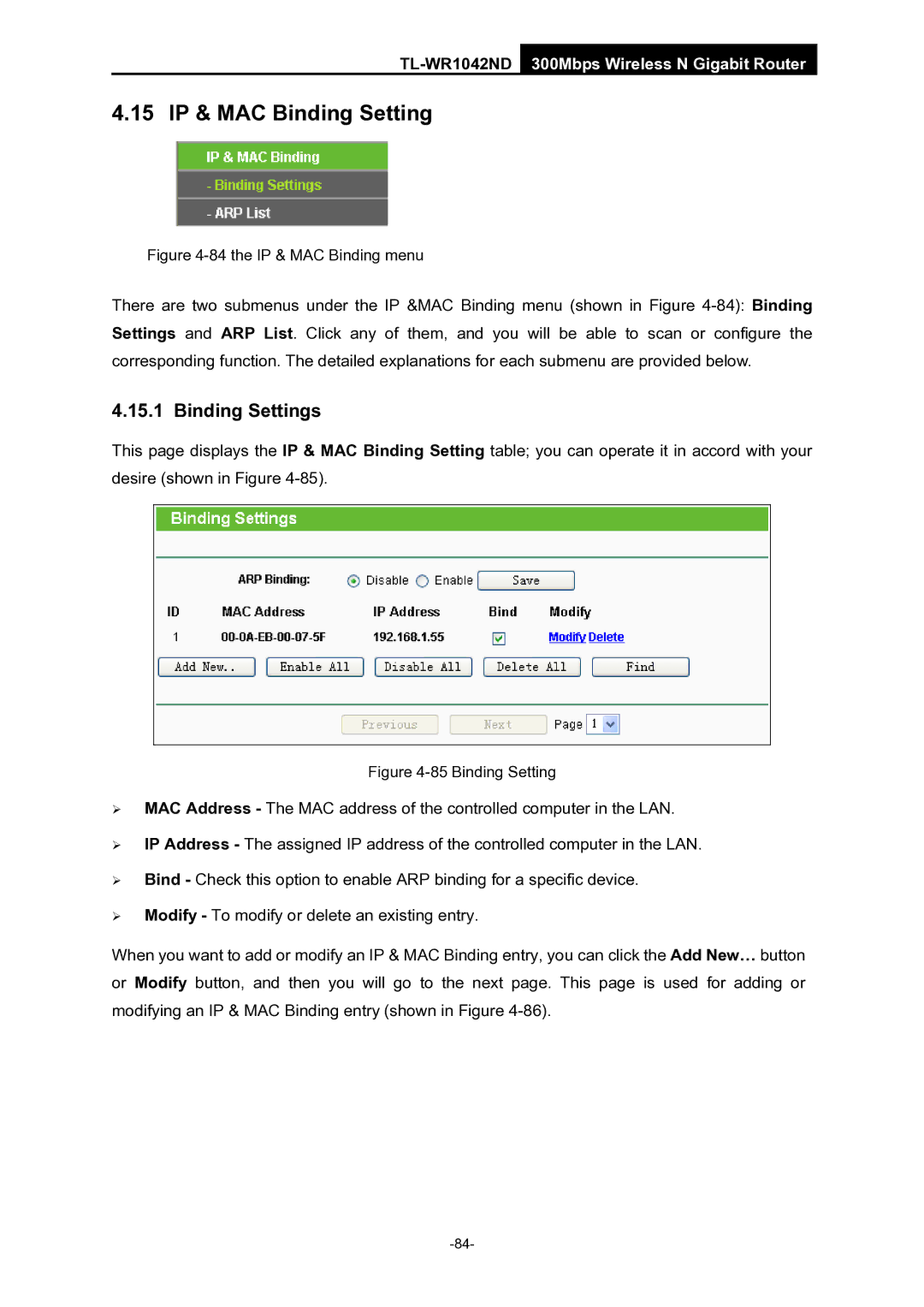 TP-Link TL-WR1042ND manual 15 IP & MAC Binding Setting, Binding Settings 