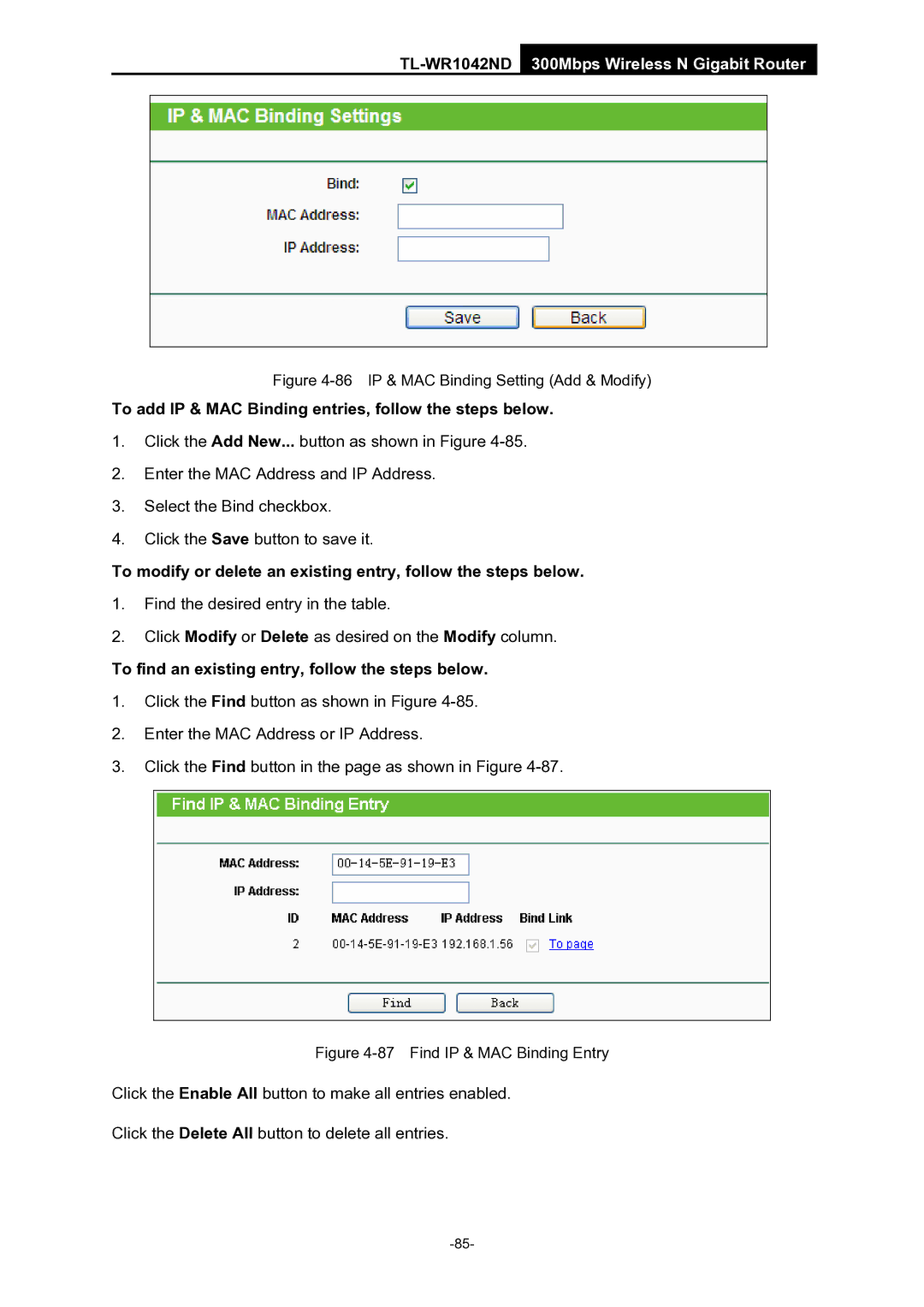 TP-Link TL-WR1042ND manual To add IP & MAC Binding entries, follow the steps below 