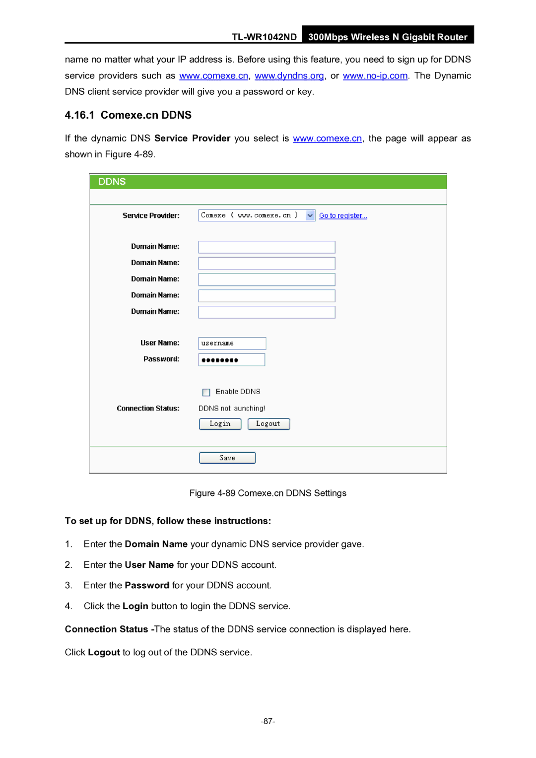 TP-Link TL-WR1042ND manual Comexe.cn Ddns, To set up for DDNS, follow these instructions 