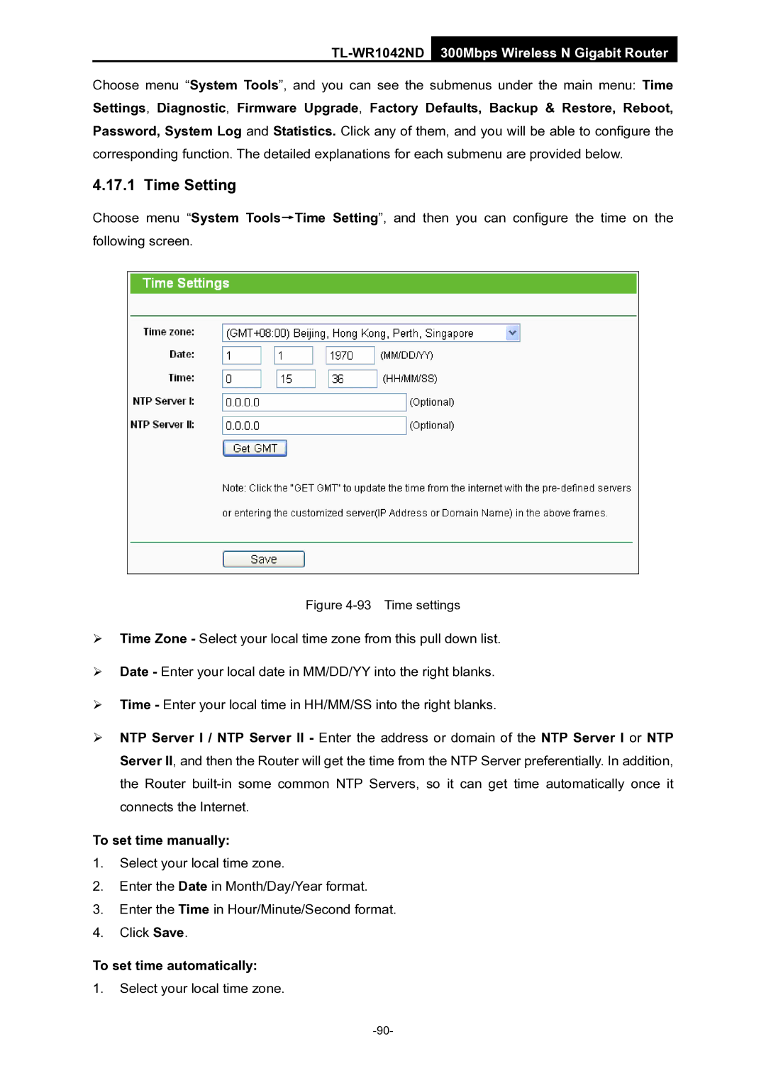 TP-Link TL-WR1042ND manual Time Setting, To set time automatically 