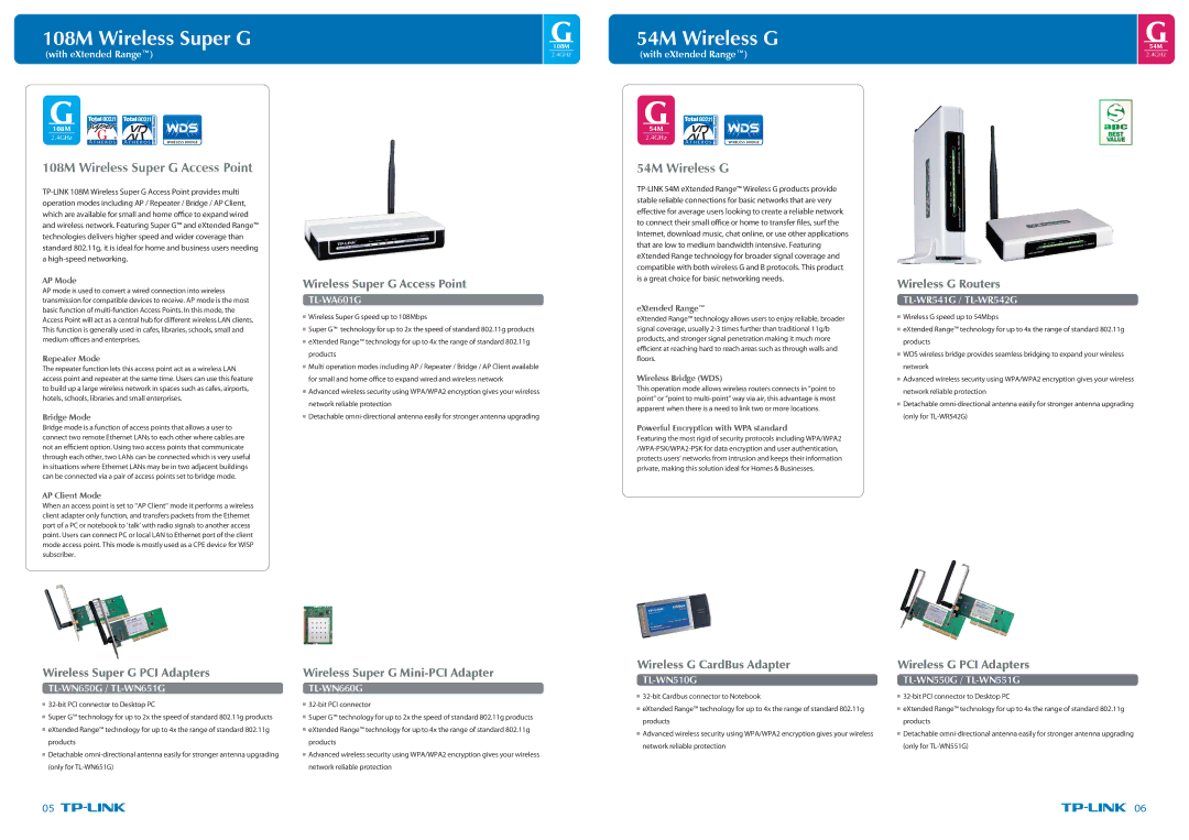 TP-Link TL-WR1043ND specifications 54M Wireless G, 108M Wireless Super G Access Point 