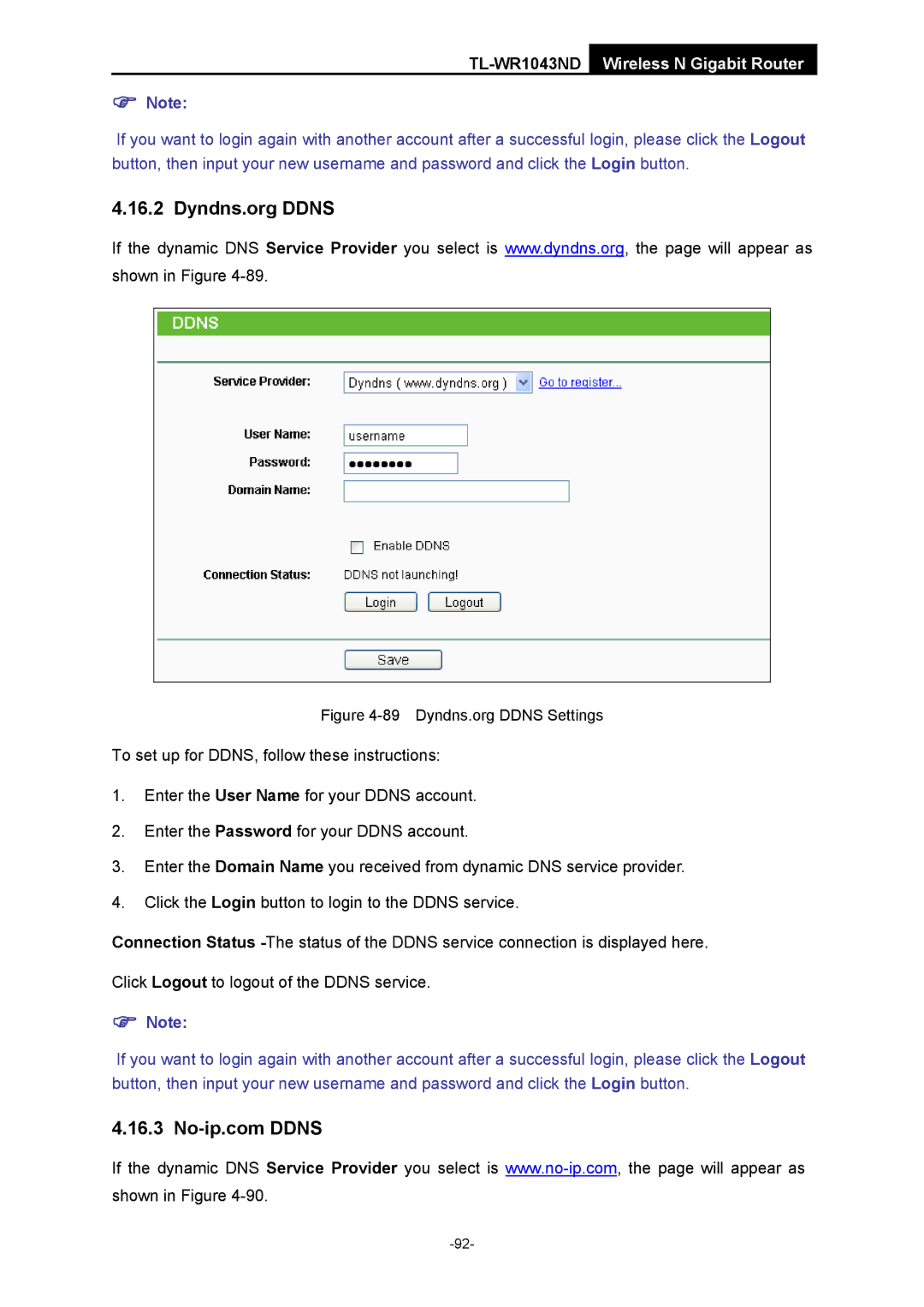 TP-Link TL-WR1043ND manual Dyndns.org Ddns Settings 