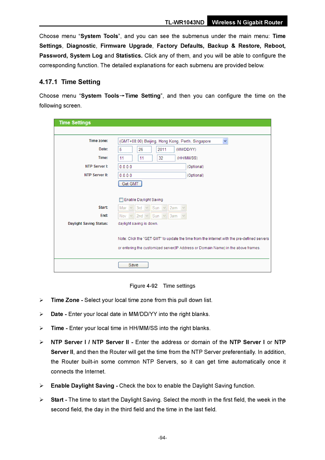 TP-Link TL-WR1043ND manual Time Setting, Time settings 