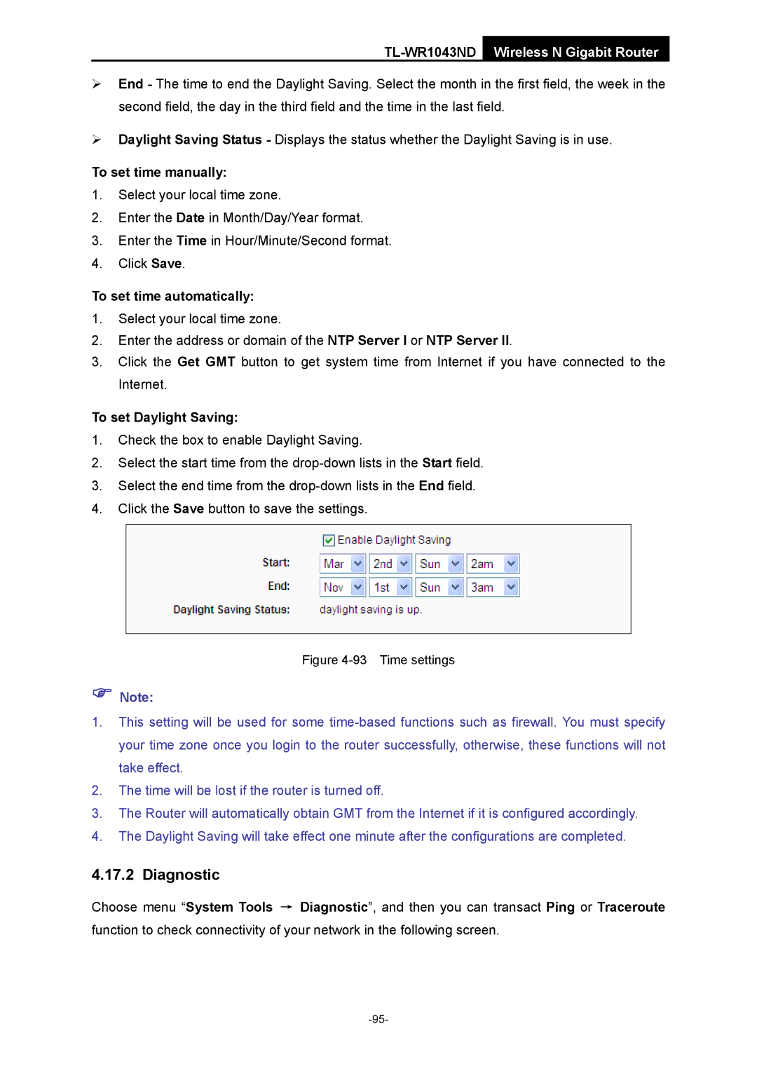 TP-Link TL-WR1043ND Diagnostic, To set time manually, To set time automatically, To set Daylight Saving 