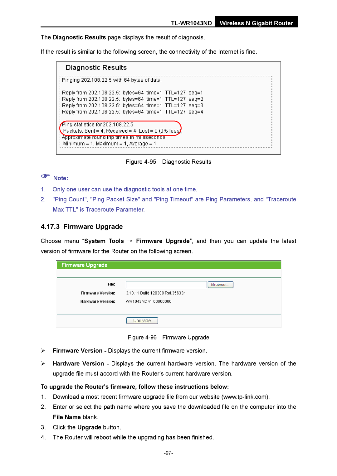 TP-Link TL-WR1043ND manual Firmware Upgrade, Diagnostic Results 