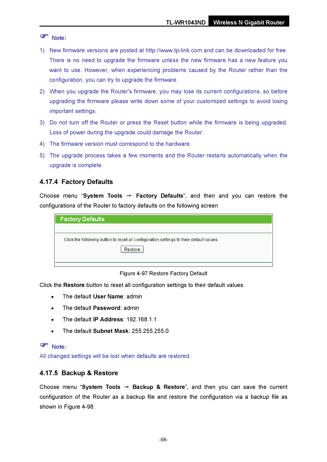 TP-Link TL-WR1043ND manual Factory Defaults, Backup & Restore 