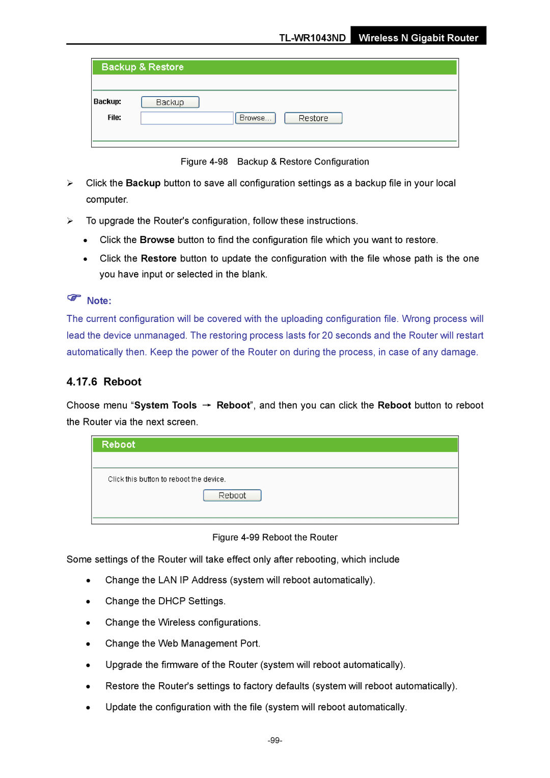 TP-Link TL-WR1043ND manual Reboot, Backup & Restore Configuration 