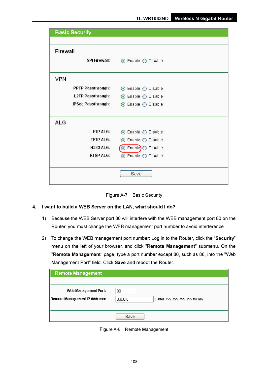 TP-Link TL-WR1043ND manual Figure A-7 Basic Security, Want to build a WEB Server on the LAN, what should I do? 