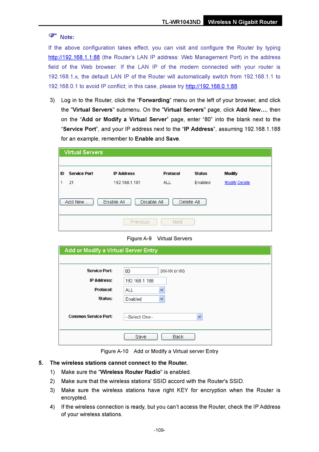 TP-Link TL-WR1043ND manual Wireless stations cannot connect to the Router, Figure A-9 Virtual Servers 