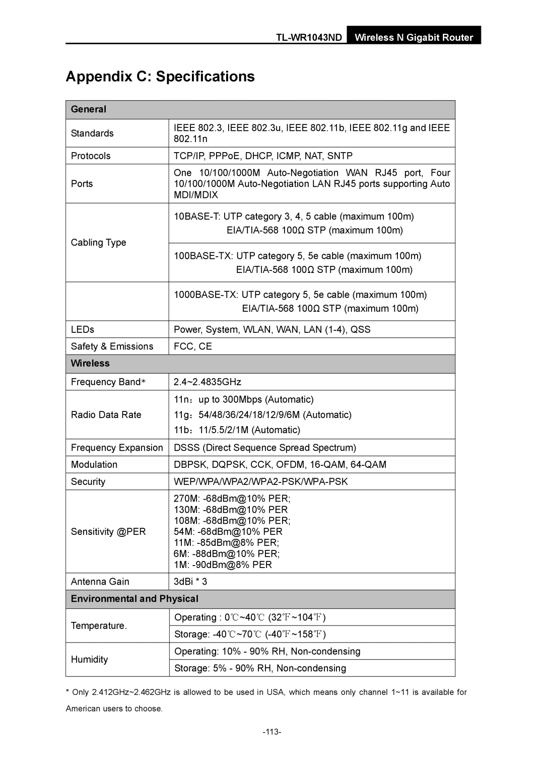 TP-Link TL-WR1043ND manual General, Wireless, Environmental and Physical 