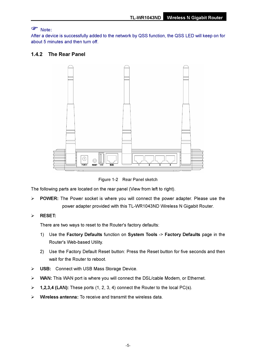 TP-Link TL-WR1043ND manual Rear Panel, ¾ Reset 