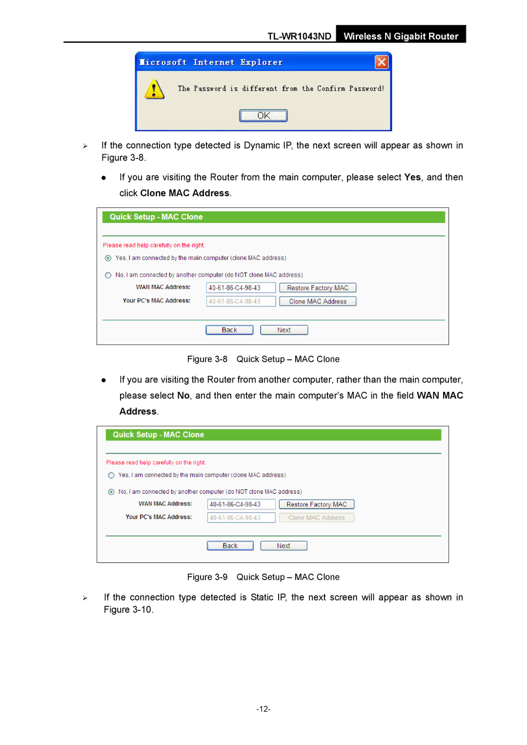 TP-Link TL-WR1043ND manual Quick Setup MAC Clone 