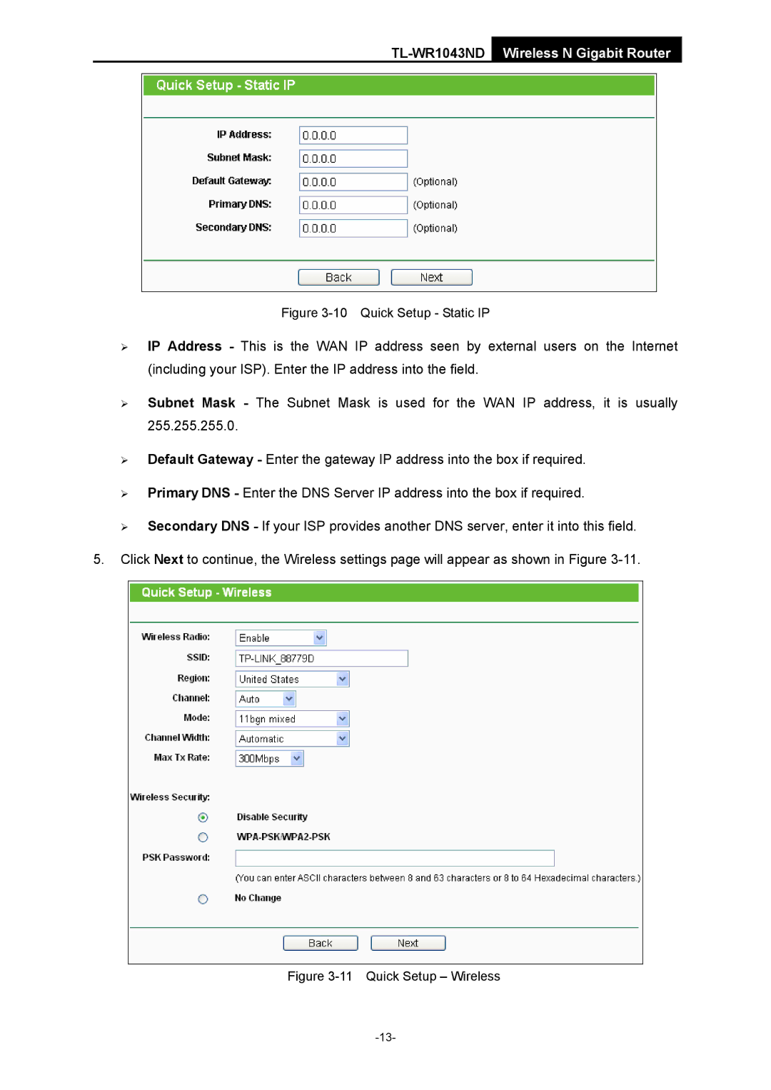 TP-Link TL-WR1043ND manual Quick Setup Static IP 