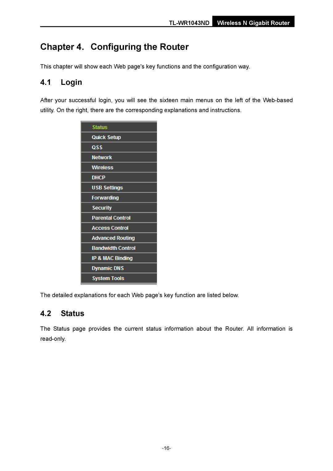 TP-Link TL-WR1043ND manual Login, Status 