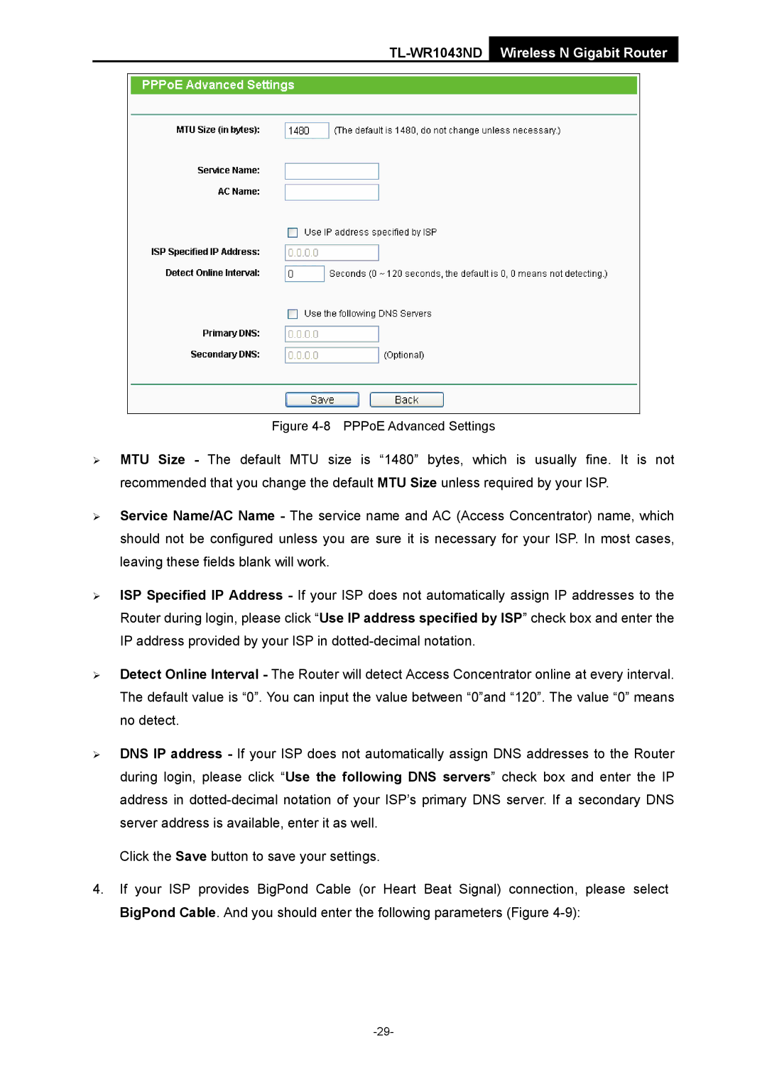 TP-Link TL-WR1043ND manual PPPoE Advanced Settings 