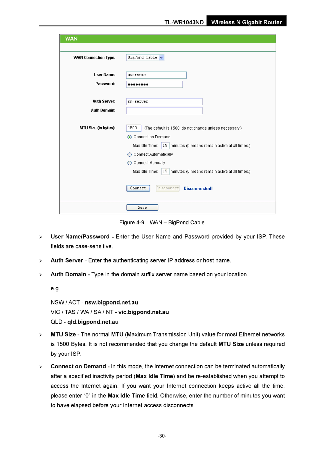 TP-Link TL-WR1043ND manual NSW / ACT nsw.bigpond.net.au, WAN BigPond Cable 