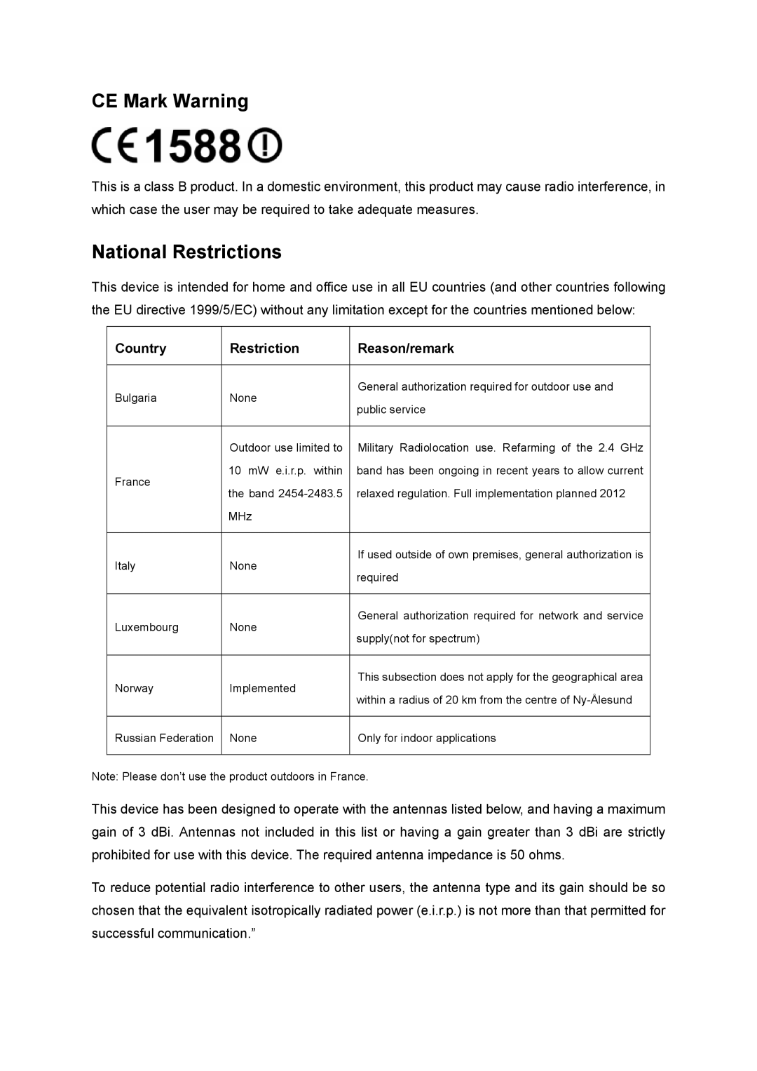 TP-Link TL-WR1043ND manual CE Mark Warning, Country Restriction Reason/remark 