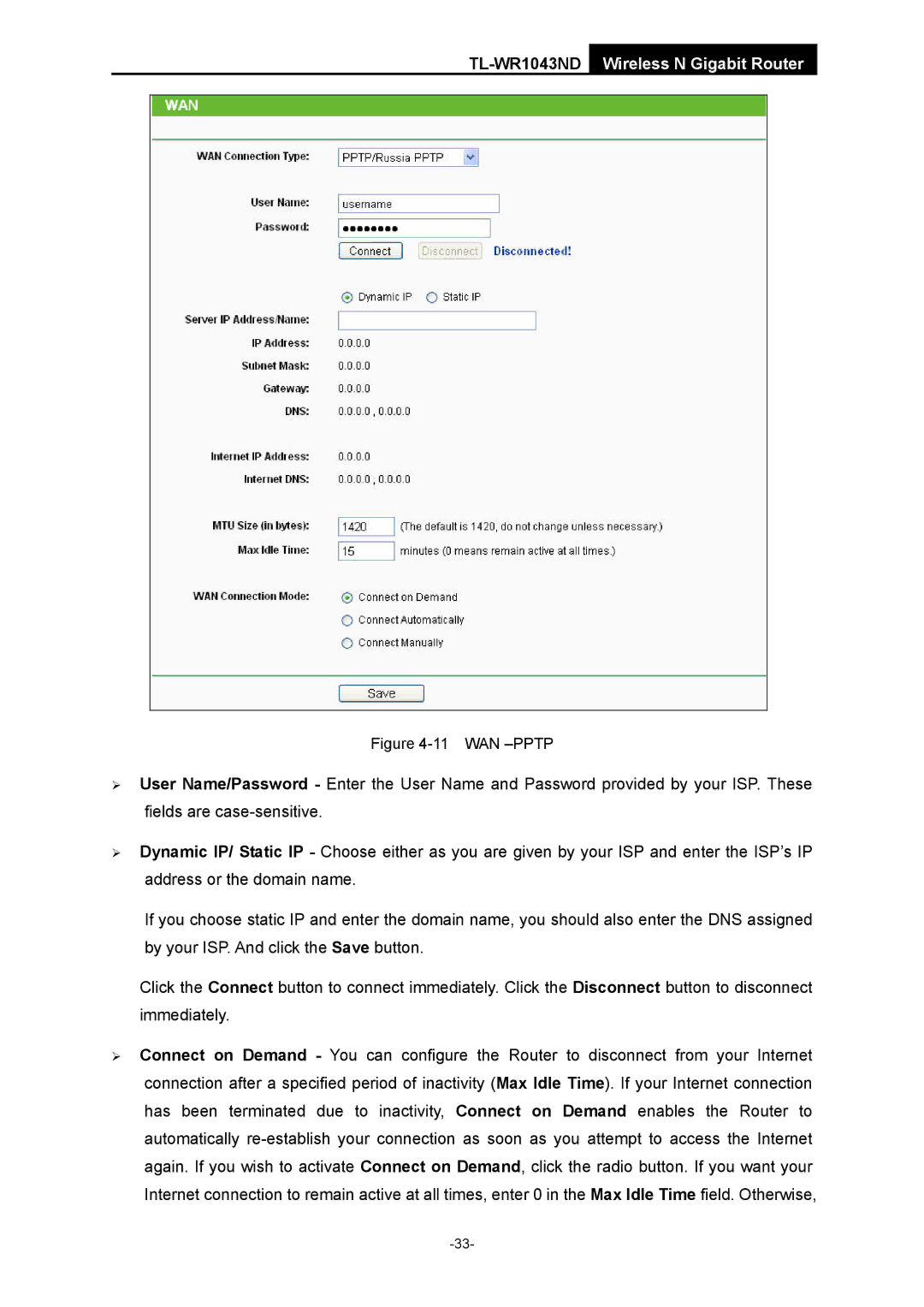 TP-Link TL-WR1043ND manual Wan -Pptp 