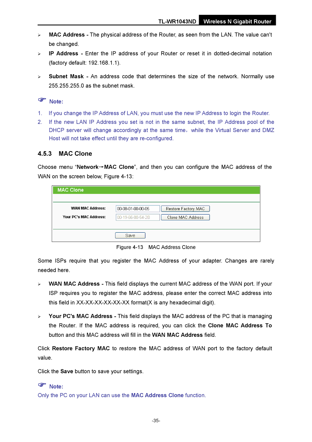 TP-Link TL-WR1043ND manual MAC Clone, MAC Address Clone 