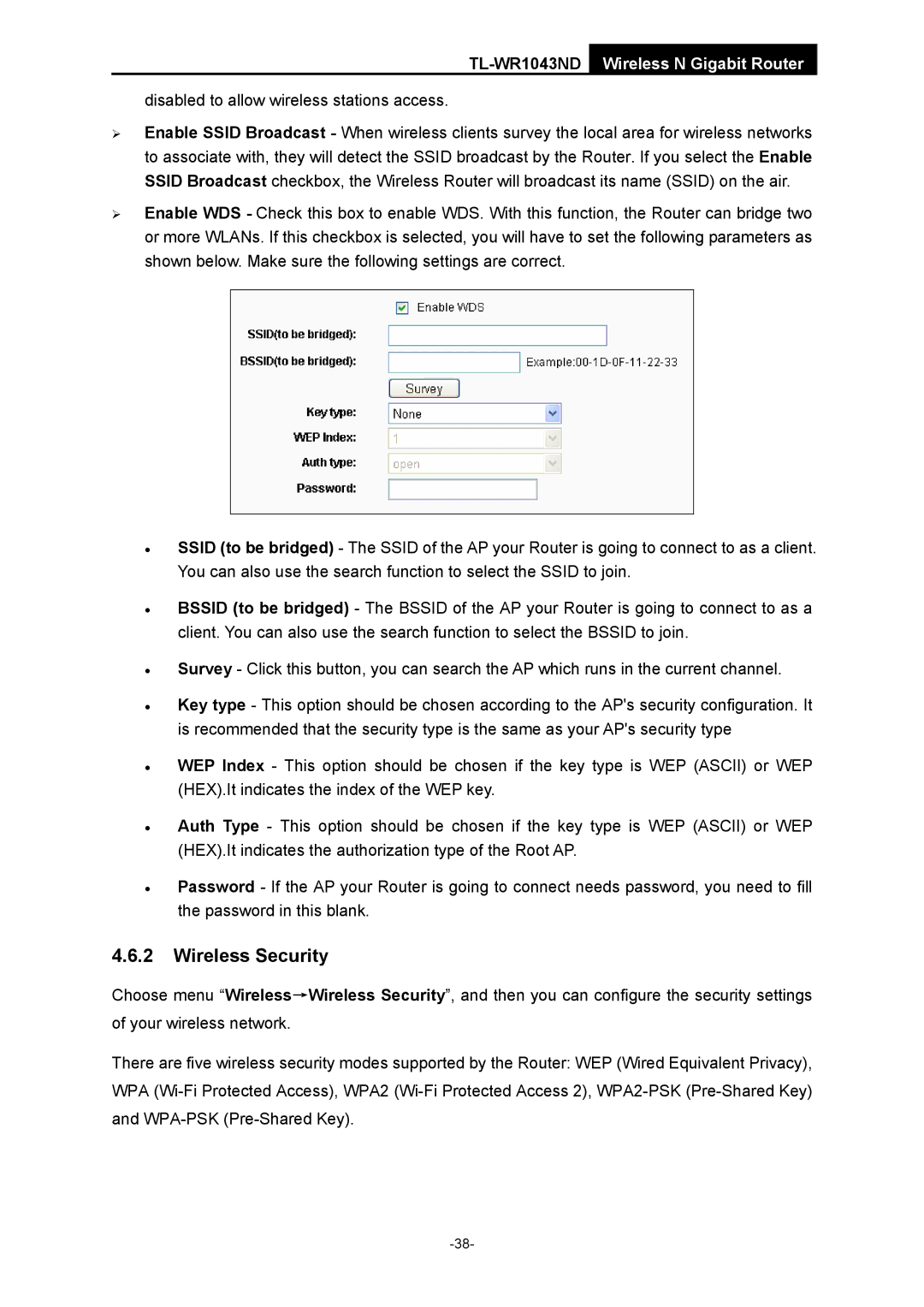 TP-Link TL-WR1043ND manual Wireless Security, Disabled to allow wireless stations access 