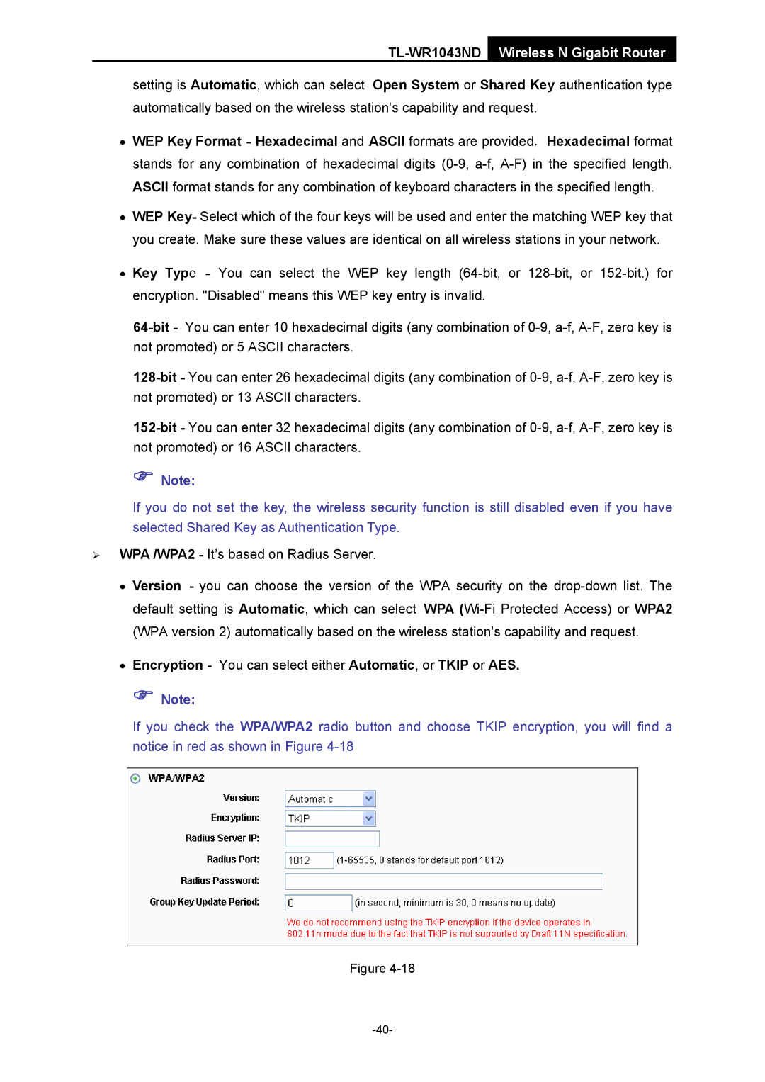 TP-Link TL-WR1043ND manual Encryption You can select either Automatic, or Tkip or AES 