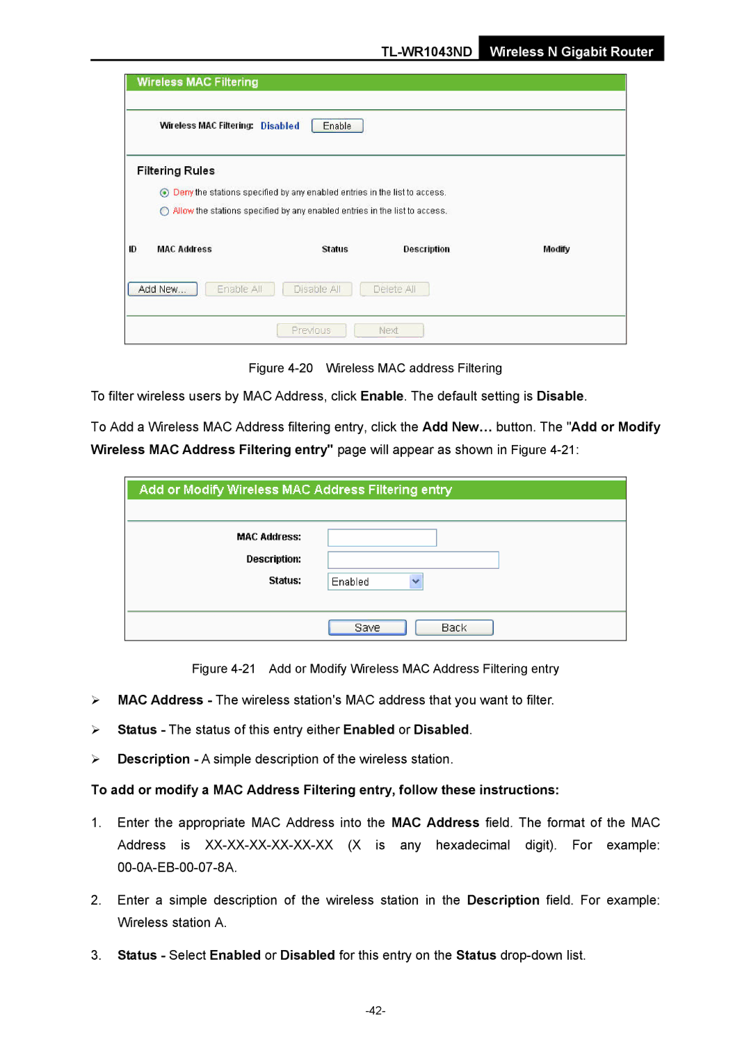 TP-Link TL-WR1043ND manual Wireless MAC address Filtering 