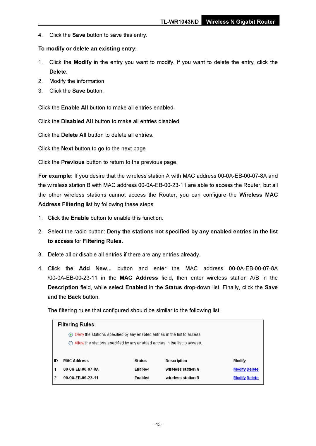 TP-Link TL-WR1043ND manual To modify or delete an existing entry 