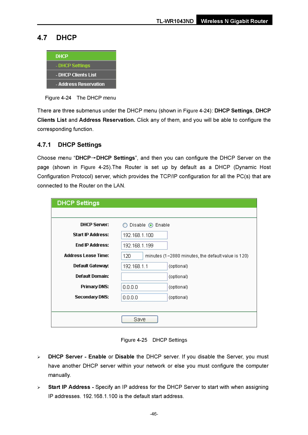 TP-Link TL-WR1043ND manual Dhcp Settings 