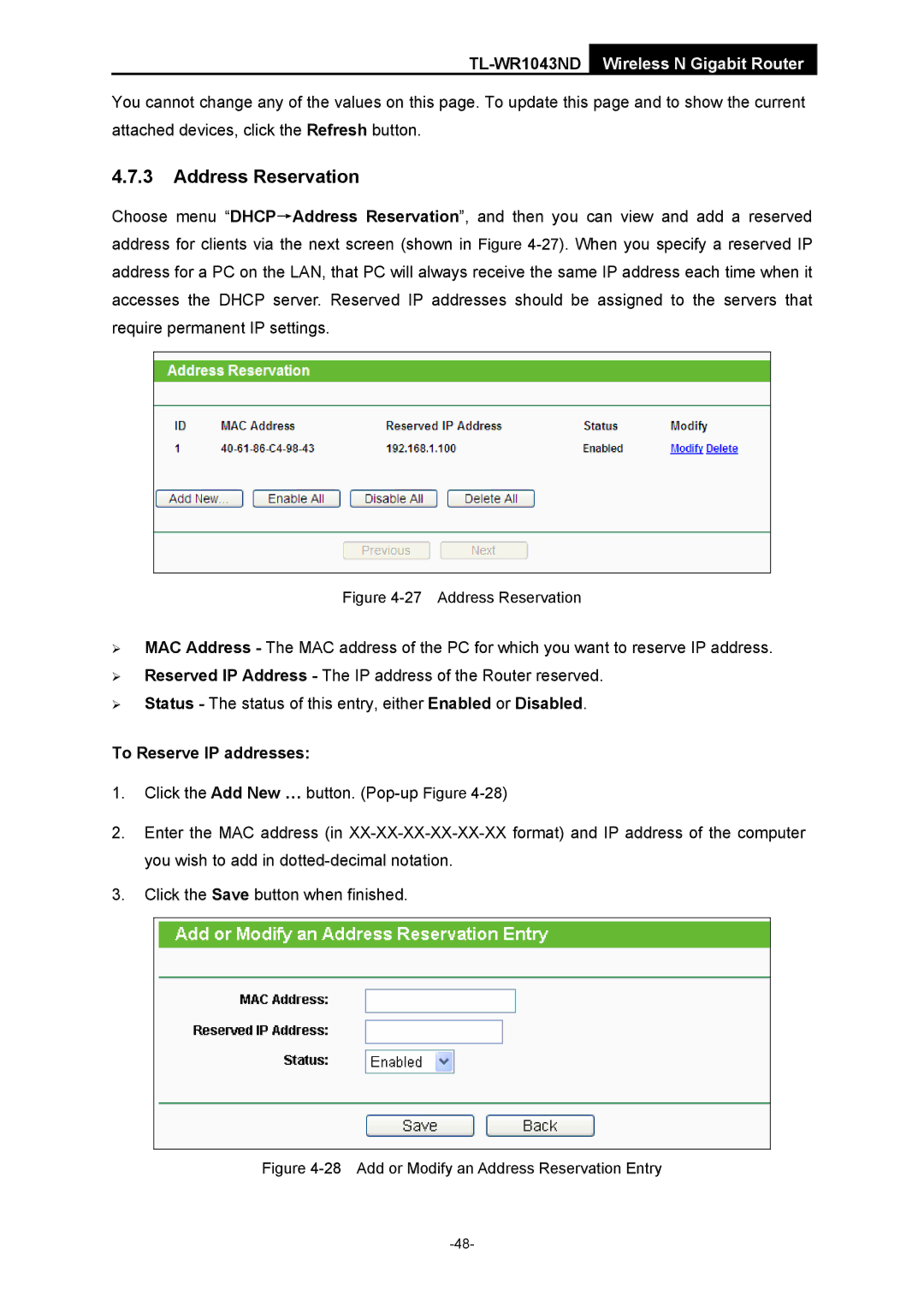 TP-Link TL-WR1043ND manual Address Reservation, To Reserve IP addresses 