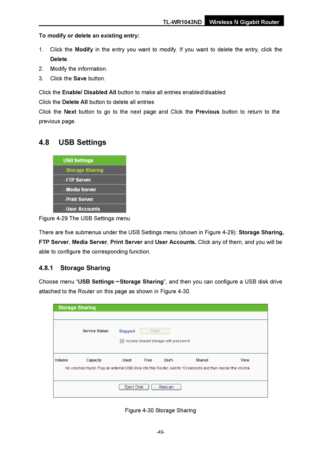 TP-Link TL-WR1043ND manual USB Settings, Storage Sharing 