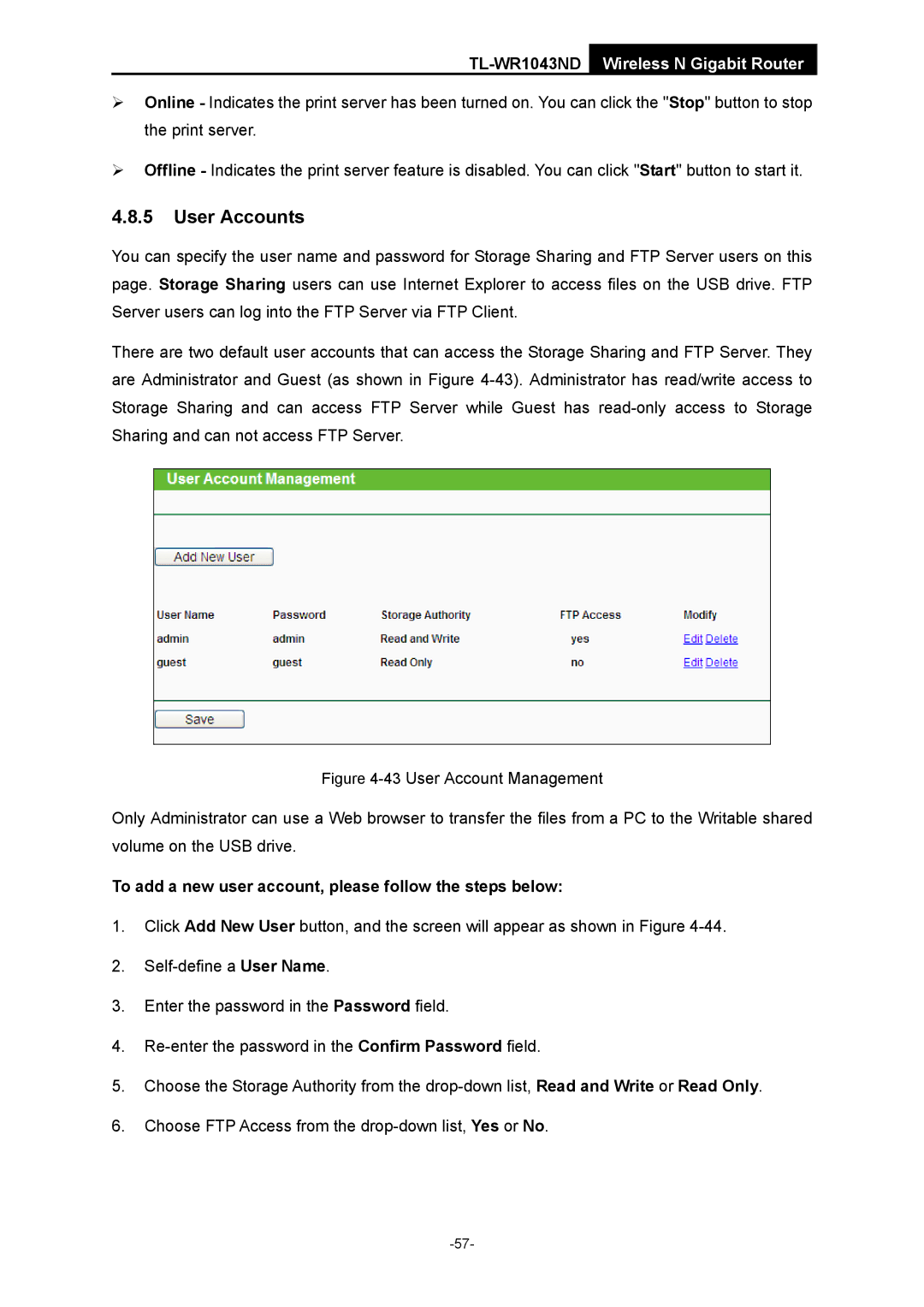 TP-Link TL-WR1043ND manual User Accounts, To add a new user account, please follow the steps below 