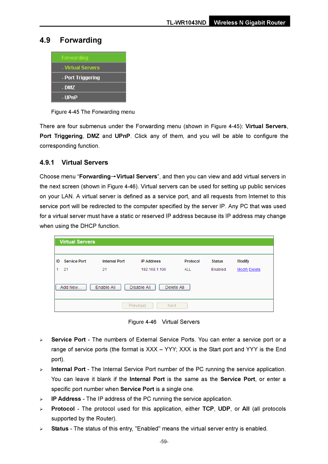 TP-Link TL-WR1043ND manual Forwarding, Virtual Servers 